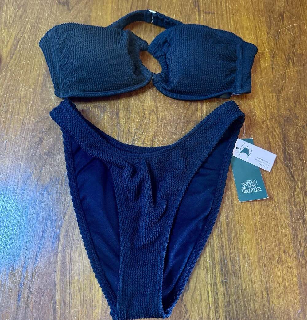 New Wild Fable Black Bikini Set Textured Top L Bottom S High Cut Cheeky With Tag
